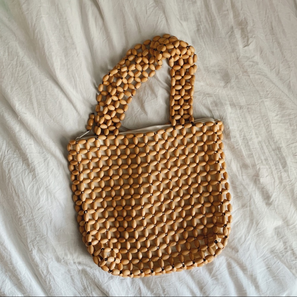 Vintage Wooden Bead Small Tote Bag Purse